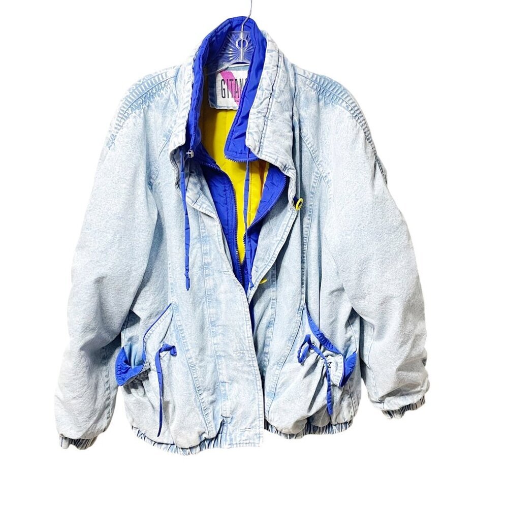 Vintage GITANO Jacket Acid Wash Denim 80s Size M Zip Coat Buttons Blue Trim Nice